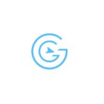 Das runde GEMARA-Logo zeigt ein blaues G mit Kompass-Pfeil in der Mitte im Farbton "Sky-Blue" vor weißem Hintergrund