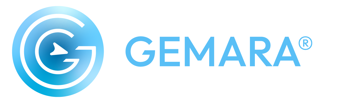 Das runde GEMARA-Logo zeigt ein weißes G mit Kompass-Pfeil in der Mitte vor blauem Himmel mit Wolken. Daneben der Markenschriftzug GEMARA mit Markenschutzsymbol